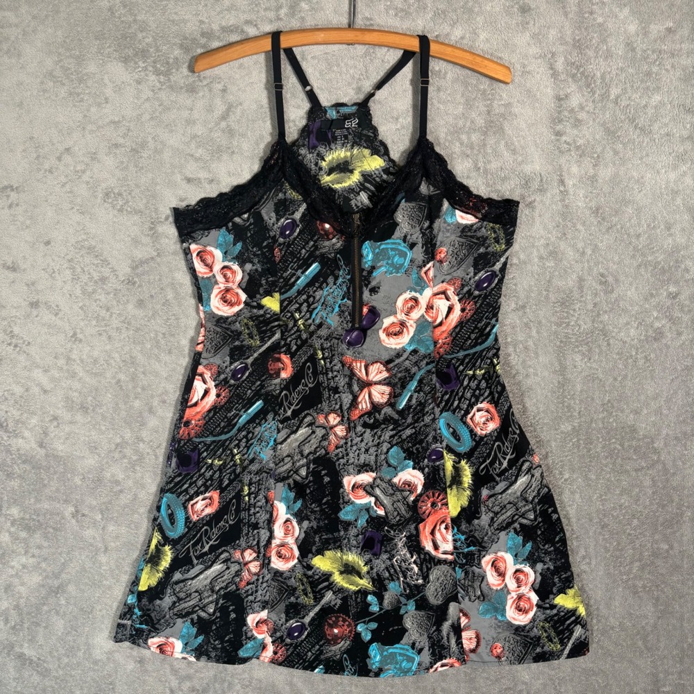 Fox Racing Womens Graphic Slip Dress Black‎ Floral Butterfly Moto Zip Size 9 L